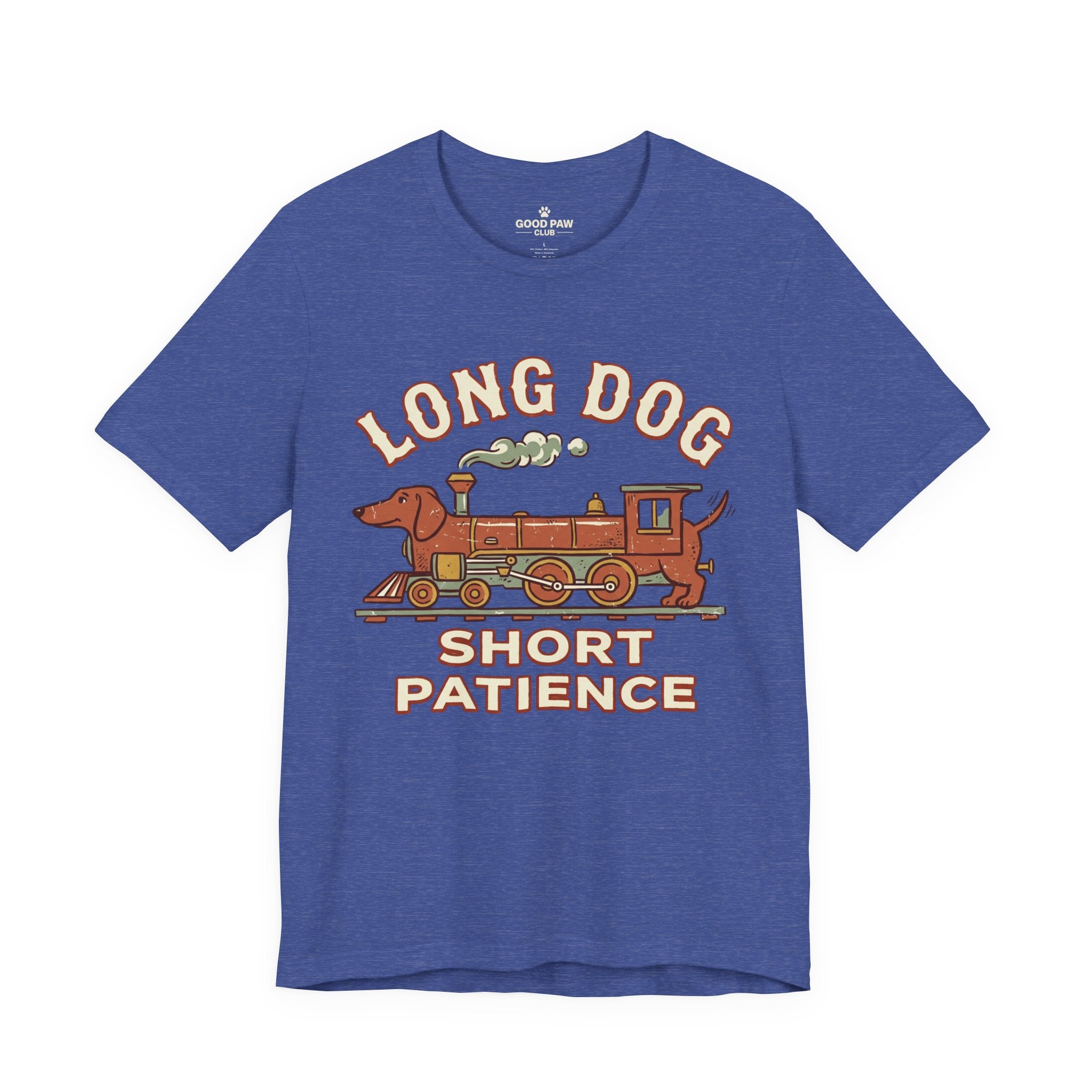 Long Dog Short Patience Tee — Funny Dachshund Train Graphic T-Shirt