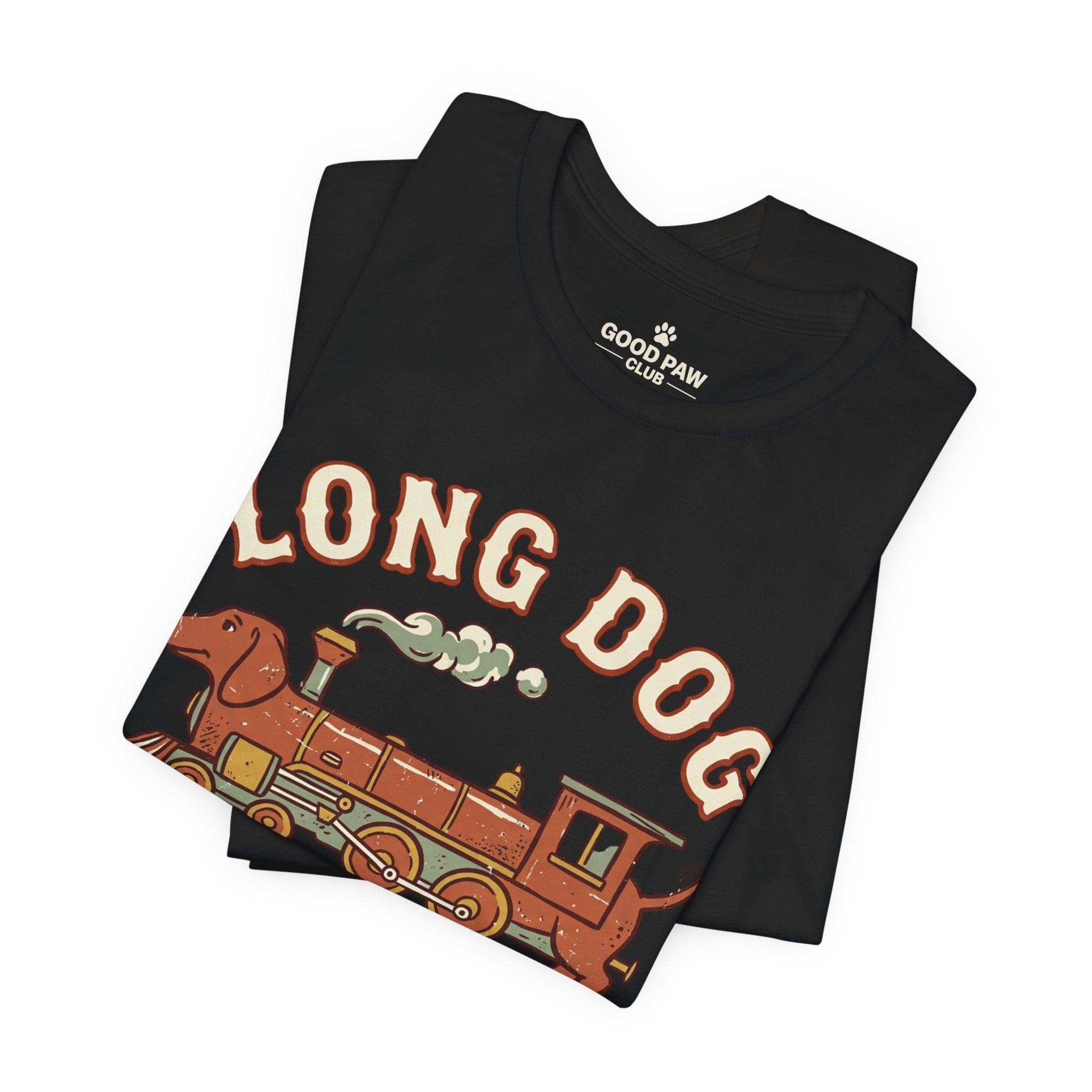 Long Dog Short Patience Tee — Funny Dachshund Train Graphic T-Shirt